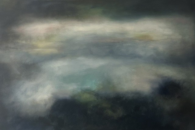 Sounds of Silence — atmospheric abstract painting in grey-green and teal tones